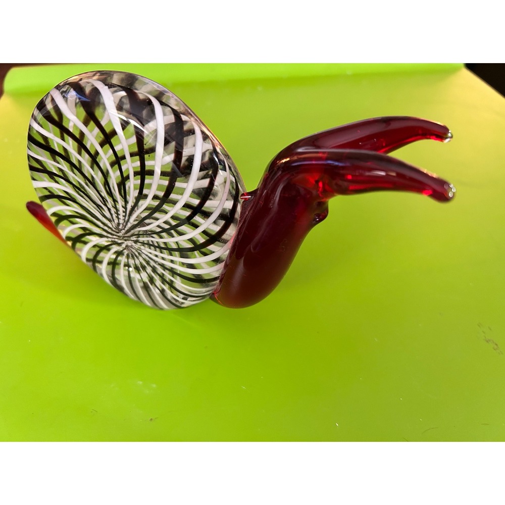 Art Glass Snail Figurine Ruby Red Body Blk White Filigree Swirl Shell Handblown